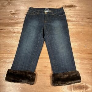 Metro 7 Womens Faux Fur Trim Cropped Jeans Indigo Blue Y2K Size 6 FFM7M-682